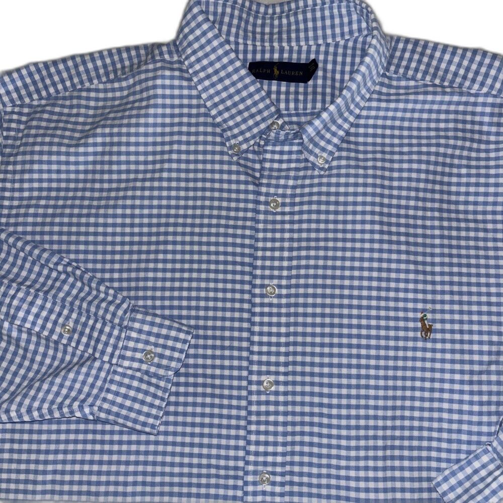 Ralph Lauren Shirt Men’s 3XB Blue Gingham Check Flesh Pony Classic Oxford Dress